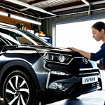 **

"A stylish SsangYong Tivoli parked at a DIY auto maintenance garage, sunlight streaming through a window. The owner, a young woman, is checking her tire pressure with a digital gauge. Shelves are stocked with various car care products and tools. Emphasis on the clean and organized workspace. safe for work, appropriate content, fully clothed, professional, perfect anatomy, natural proportions, well-formed hands, proper finger count, natural body proportions"

**
