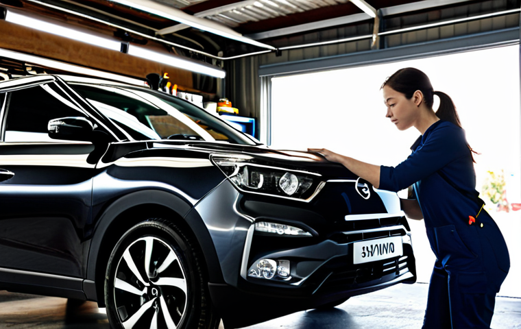 **

"A stylish SsangYong Tivoli parked at a DIY auto maintenance garage, sunlight streaming through a window. The owner, a young woman, is checking her tire pressure with a digital gauge. Shelves are stocked with various car care products and tools. Emphasis on the clean and organized workspace. safe for work, appropriate content, fully clothed, professional, perfect anatomy, natural proportions, well-formed hands, proper finger count, natural body proportions"

**