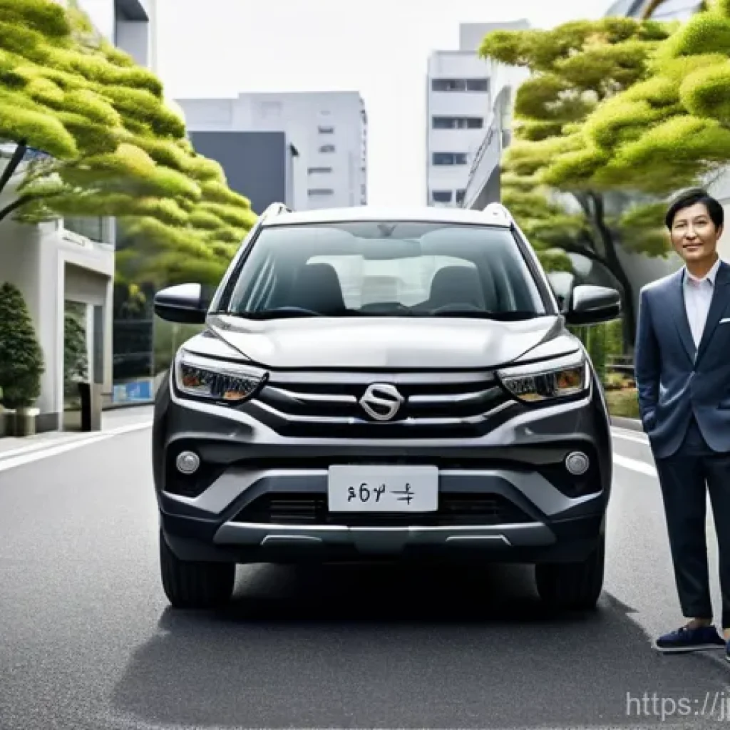 쌍용 코란도 VS 기아 스포티지 비교 - A sophisticated mid-40s Japanese couple, dressed in elegant smart-casual attire, stands proudly besi...