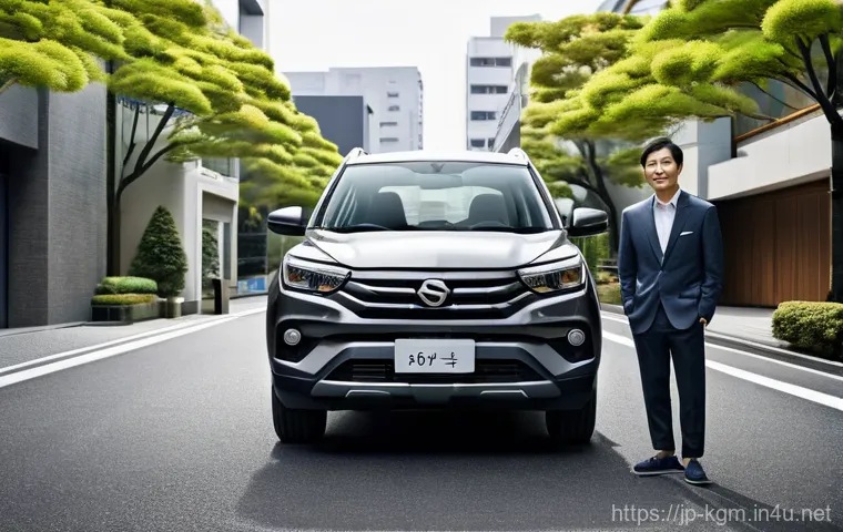 쌍용 코란도 VS 기아 스포티지 비교 - A sophisticated mid-40s Japanese couple, dressed in elegant smart-casual attire, stands proudly besi...