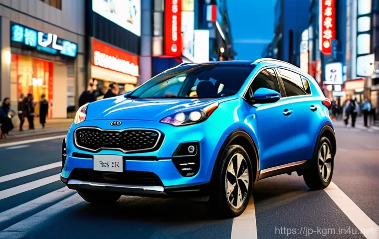 쌍용 코란도 VS 기아 스포티지 비교 - A sophisticated mid-40s Japanese couple, dressed in elegant smart-casual attire, stands proudly besi...