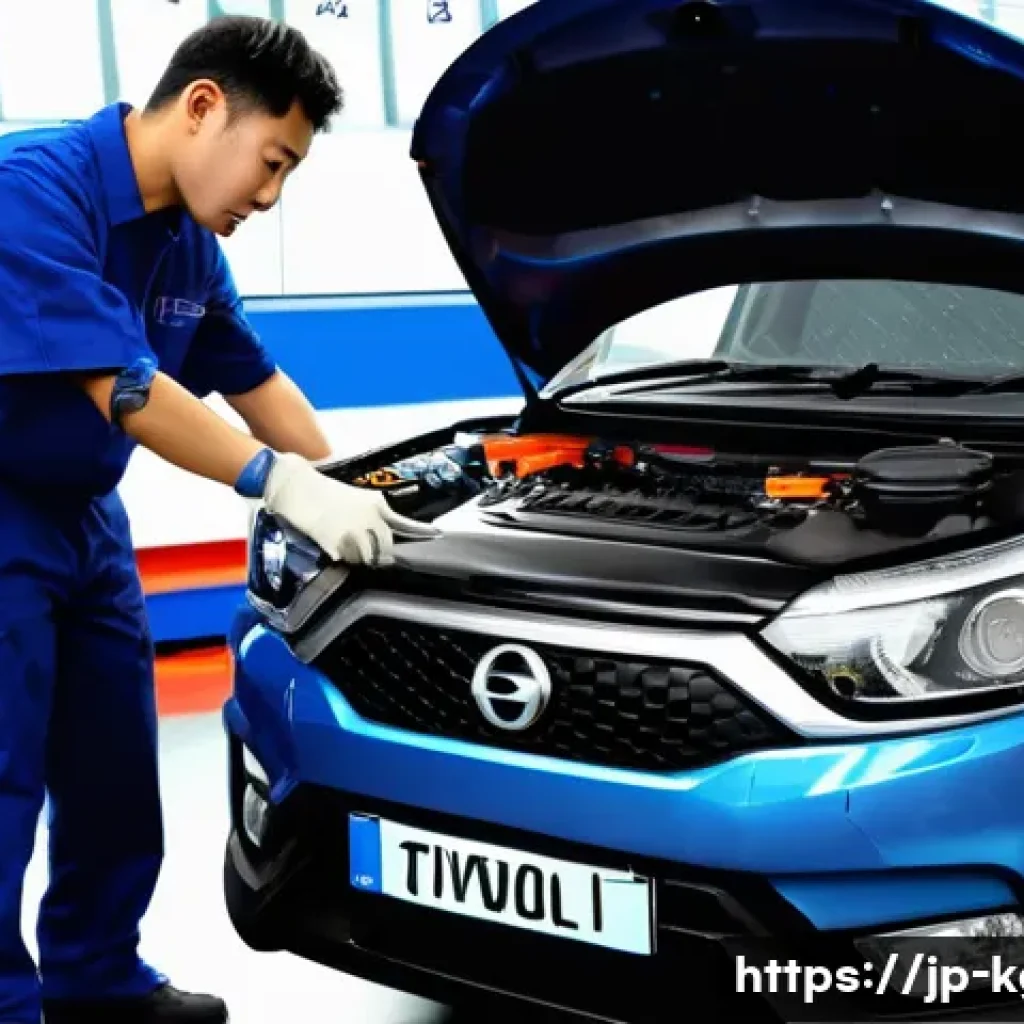 쌍용 티볼리 유지비 절약 팁 - A modern Japanese mechanic workshop scene showing a professional technician inspecting a SsangYong T...