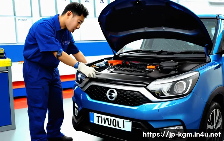 쌍용 티볼리 유지비 절약 팁 - A modern Japanese mechanic workshop scene showing a professional technician inspecting a SsangYong T...