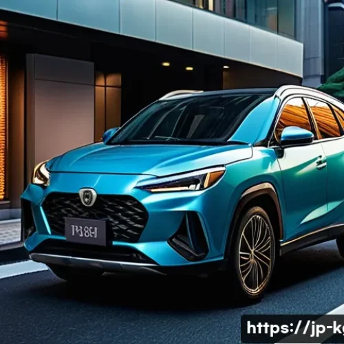 쌍용 코란도 VS 현대 코나 비교 - A sleek, modern compact SUV parked on a bustling Tokyo city street at dusk, featuring sharp lines an...