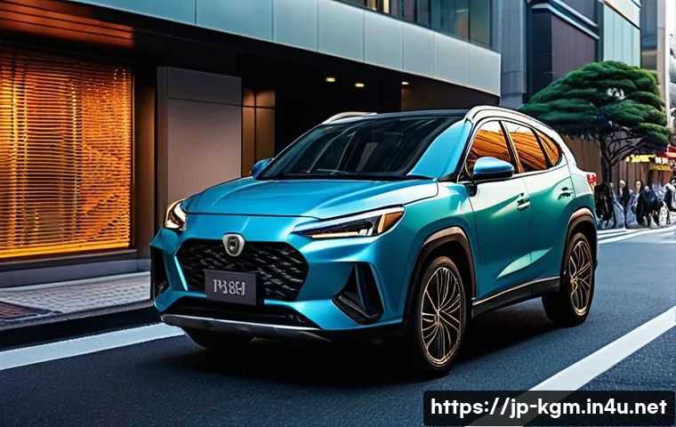 쌍용 코란도 VS 현대 코나 비교 - A sleek, modern compact SUV parked on a bustling Tokyo city street at dusk, featuring sharp lines an...