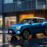 쌍용 티볼리의 안전 등급 - A sleek SsangYong Tivoli SUV driving confidently through a bustling Japanese urban street at dusk, s...