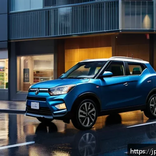 쌍용 티볼리의 안전 등급 - A sleek SsangYong Tivoli SUV driving confidently through a bustling Japanese urban street at dusk, s...
