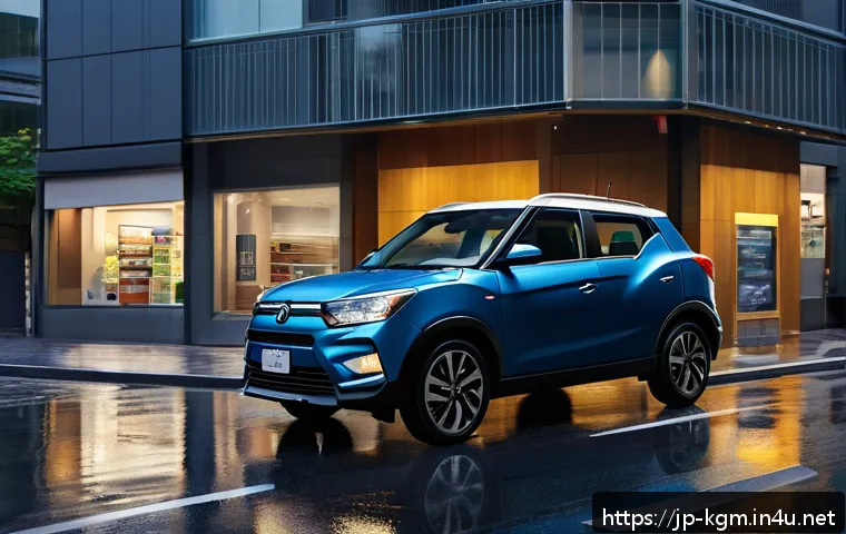 쌍용 티볼리의 안전 등급 - A sleek SsangYong Tivoli SUV driving confidently through a bustling Japanese urban street at dusk, s...
