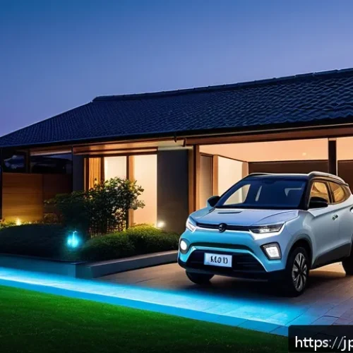 쌍용 코란도 EV 유지비 - A modern Japanese suburban home driveway at dusk, featuring a sleek SsangYong Korando EV parked next...
