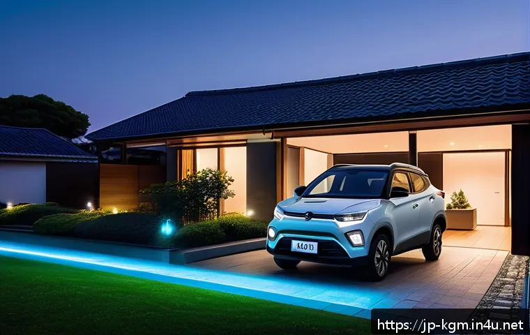 쌍용 코란도 EV 유지비 - A modern Japanese suburban home driveway at dusk, featuring a sleek SsangYong Korando EV parked next...