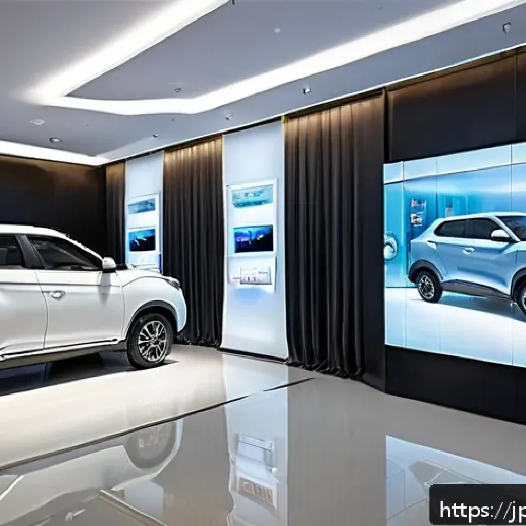 쌍용 토레스의 글로벌 시장 반응 - A sleek, modern showroom interior showcasing a variety of high-tech products from a global brand cal...