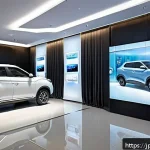 쌍용 토레스의 글로벌 시장 반응 - A sleek, modern showroom interior showcasing a variety of high-tech products from a global brand cal...