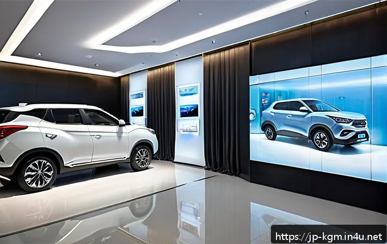 쌍용 토레스의 글로벌 시장 반응 - A sleek, modern showroom interior showcasing a variety of high-tech products from a global brand cal...