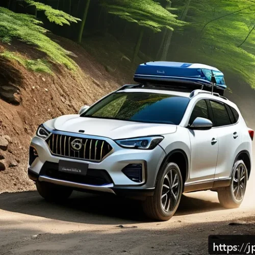 쌍용 토레스의 오프로드 성능 평가 - A sleek and modern compact SUV driving smoothly on a paved mountain road transitioning into a forest...