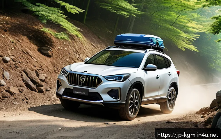쌍용 토레스의 오프로드 성능 평가 - A sleek and modern compact SUV driving smoothly on a paved mountain road transitioning into a forest...