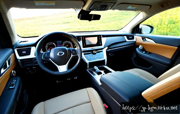 쌍용 토레스의 내부 디자인 변화 - Photorealistic modern midsize SUV interior showing a refined design update, wide-angle view from the...